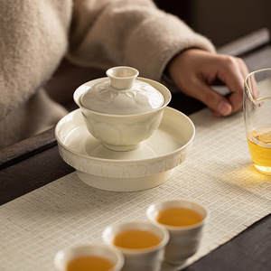 Service à thé Gaiwan de style chinois Guanlan en porcelaine, rond avec couvercle, pour thé Kung Fu, usage domestique, avec support de préparation à sec, pour le thé de l'après-midi - Product Image 1