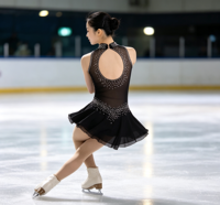 Robe de patinage artistique noire à col montant sans manches, ornée de strass épais en maille pour la compétition et les spectacles des filles adultes
