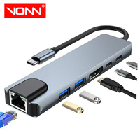 Hub USB-C 6 en 1 con Logotipo Personalizado OEM, Ethernet, HDTV 4K, RJ45 de 100 Mbps, USB 3.0, Base de Conexión de Aleación de Aluminio, en Stock