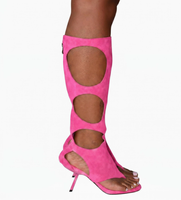 Bottes sandales à talons hauts pour femmes, style défilé de mode, à entrejambe haut, ajourées, avec fermeture éclair arrière, grandes tailles