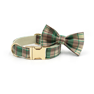 Productos de tendencia ecológicos 2025 recién llegados Correa y <span class=keywords><strong>collar</strong></span> de perro de lujo <span class=keywords><strong>collar</strong></span> de mascota a cuadros verde y marrón pajarita de perro de algodón - Product Image 2