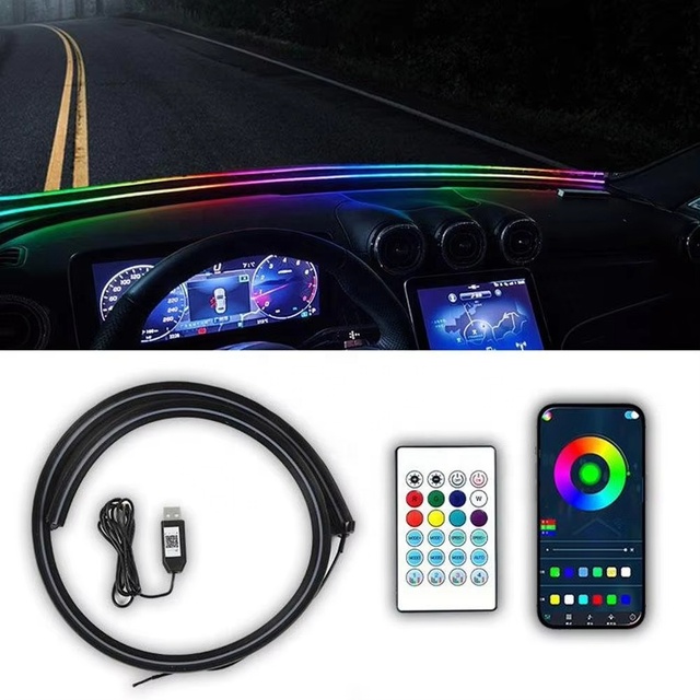 Smart APP & Remote Controlled RGB Car Ambient Light 1.5M USB LED Strip for Windshield & Dashboard Interior Decoration