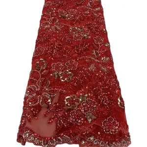 2023 Supoo串珠蕾丝非洲法国蕾丝红色面料亮片刺绣缝纫配件网眼婚纱面料