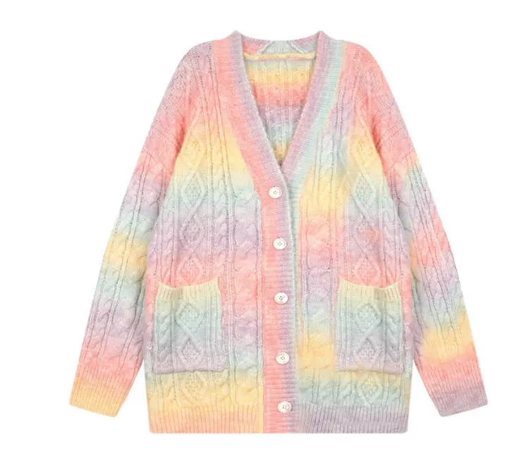 Wholesale Long Sleeve Button Down Open Front Sweater Women Rainbow Knitted Cardigan Length Loose Tops Coat Jacket