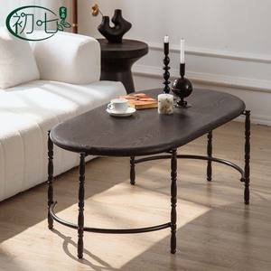 Initial Seven Oval Double Layer Coffee Table Wood Baking Paint Vintage Style For Living Room - Product Image 2