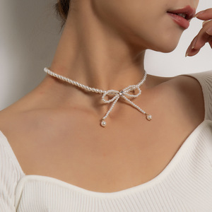 2025 New High Quality Fashion Handmade Small <b>Pearl</b> Beaded Necklace Cute Elegant Bow <b>Choker</b> Unisex Gift Gold Plated Wedding Party - Product Image 2