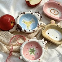 Petite coupelle en céramique peinte à la main avec motif animal de dessin animé pour voyage, idéale pour la sauce soja, le vinaigre et les assaisonnements de fondue chinoise