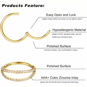 Anillo de titanio ASTM F136 de 18G para nariz, oreja, tragus, septum, concha, <span class=keywords><strong>labio</strong></span>, cartílago, doble <span class=keywords><strong>aro</strong></span>, con circonita cúbica (CZ) y sistema clicker, 1 unidad - Product Image 4