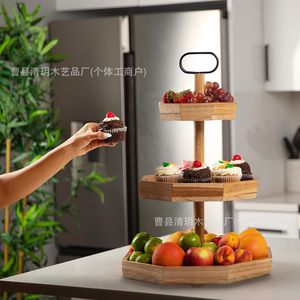 Three Tier Wooden Fruit Platter With Handle Multi Functional Serving <b>Tray</b> For Dessert Cake <b>Snack</b> Display Kitchen Decor - Product Image 1