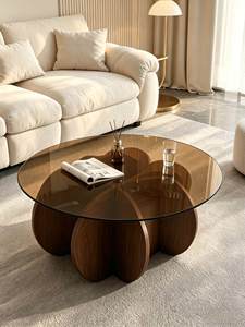 NKAHS Durable Modern Light Luxury Round Glass Coffee <b>Table</b> with Wood Frame Creative French Vintage Design Living Room Furniture - Product Image 5
