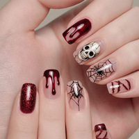 24 faux ongles courts carrés à presser, Halloween, bordeaux, motif sang coulant, crâne, toile d'araignée, français, réutilisables, couverture complète, pour femmes