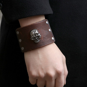 Cowhide <b>Leather</b> <b>Bracelet</b> For Men Wide Skull Pattern Brown Tibetan Silver Jewelry European American Style - Product Image 4