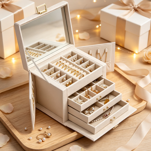 Boîte à bijoux en cuir PU grande capacité avec miroir, tiroirs multicouches, organiseur de rangement pour boucles d'oreilles, bagues et colliers, cadeau pour femme - Product Image 4