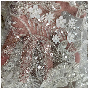 قماش دانتيل مطرز فرنسي أبيض ثلاثي الأبعاد من hichun مع زخرفة من الخرز الصديق - Product Image 6