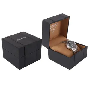 Scatola di imballaggio per orologio in pelle sintetica marrone nero con Logo in lamina d'argento personalizzato in fabbrica