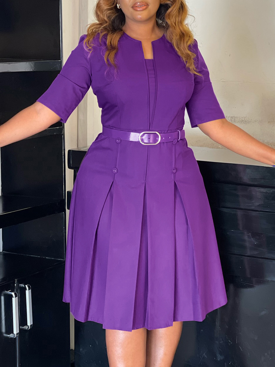 purple plus size work dress Plus Size Midi Dress 3/4 Sleeve Crew Neck