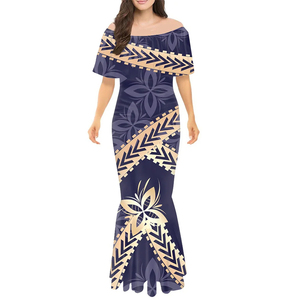 Ropa Tribal Polinesia personalizada de alta moda vestido de lujo púrpura Tapa diseño de impresión sin tirantes Floral Samoan Tongan estilo - Product Image 1