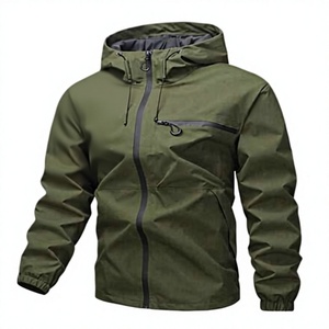 Veste coupe-vent à capuche pour homme, couleur unie, fermeture éclair, vêtements décontractés pour l'extérieur, vert automne, polyester - Product Image 1