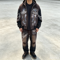 Ensemble de sweats à capuche personnalisés en gros, style streetwear, en tissu épais, délavé à l'acide, effet usé, délavé soleil, avec strass Vierge Marie