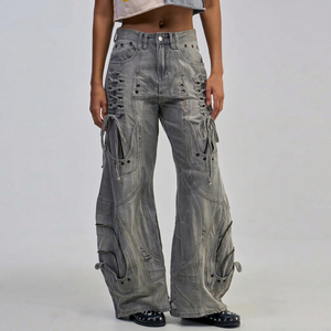 Pantalon cargo en jean déchiré taille haute pour femme, coupe ample, asymétrique, à lacets, style streetwear, longueur intégrale, gris, coton écologique - Product Image 1