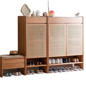 Jumping Shoe <b>Cabinet</b> Solid Wood Rattan Entryway Storage Japanese Retro Style For <b>Small</b> Apartments - Product Image 5