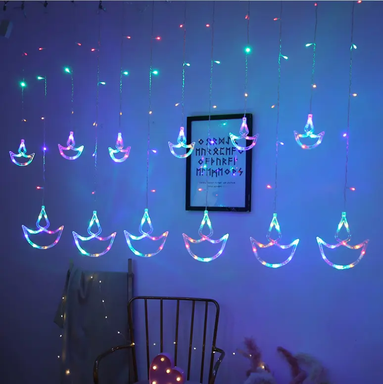 Hot Sell Fairy Icicle Christmas Diwali Decoration Lights Window Diwali Anchor Curtain Diya Boat Row Lights With 8 Ramadan