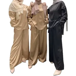 2022 Dubai Turkse Moderne Toevallige Set Outfit Satijn Losse Top En Broek Set Islamitische Set Groothandel