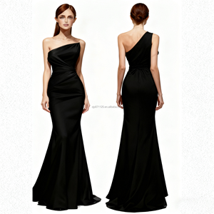 女性用ブラックワンショルダーサテンマーメイドマキシドレス、ルーチドディテールとトレイン、エレガントなフォーマルガウン原因ドレス - Product Image 3