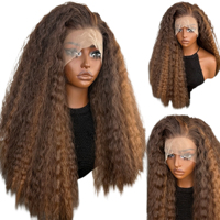 Perruque synthétique longue bouclée 13x4 Lace Front, style afro, petites boucles, mèches marron cuivré, 22 pouces, volumineuse, douce, soyeuse et résistante à la chaleur
