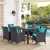 Meubles de patio extérieurs de style ferme contemporaine, tables et chaises avec plateau en verre turquoise, en rotin PE pour hôtel, appartement, terrasse