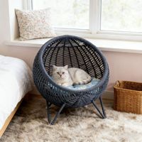 Lit pour animaux de compagnie hémisphérique en faux rotin bleu de style luxe léger, tapis en coton amovible lavable en machine, cadre en métal antidérapant