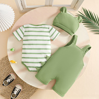 Conjunto de 2 piezas de verano para bebés: camiseta de algodón transpirable con tirantes y sombrero, y pantalones cortos de dinosaurio a rayas con diseño de triángulo.