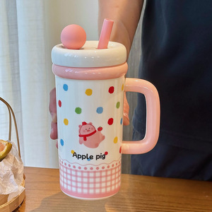 Apple Bear Ceramic Mug <b>With</b> <b>Lid</b> <b>And</b> <b>Straw</b> Yellow Polka Dot Design Large Capacity For Home Use Gift <b>Cup</b> Spring 2025 - Product Image 4