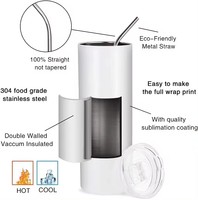 Gobelets de Sublimation en Acier Inoxydable Double Paroi Blancs Droits Vides de 20oz avec Paille et Base en Caoutchouc pour la Vente en Gros