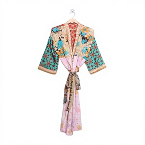 Bata Elegante de Seda con Estampado Floral y Parches Boho para Mujer, Transpirable, Manga Larga, Cubre Todo el Cuerpo, con Cinturón, Ropa de Dormir de Verano - Product Image 1