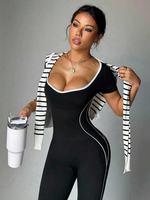 Nouvelle combinaison de yoga sans couture pour femme, col en U, manches courtes, taille haute, amincissante, dos évidé, pour l'été et le fitness