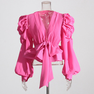 Zhezhe Nieuwkomers V-Hals Poff Mouw Geplooide Dames Shirts Voor Dames Met Ruches Met Veters Taille Damesblouses - Product Image 5