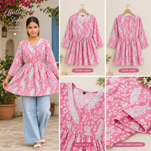 Tunique élégante pour femme, rose, imprimé cachemire, col en V, manches 3/4, évasée, taille froncée, style décontracté quotidien, haut ethnique - Product Image 5