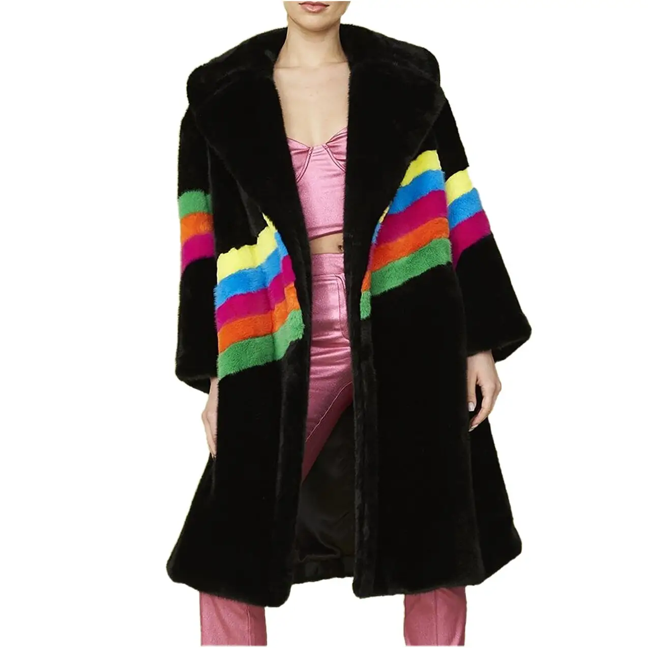 Benutzer definierte Winter warme lange Kunst pelzmantel Lady Bunte Regenbogen Full Sleeve Mantel für Frauen