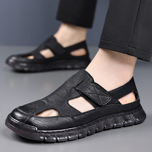 Men's Leather Sandals Flat Velcro Closure Breathable Hollow-out Design Slip-on Driving Shoes Black Brown Size 315 - Product Image 1