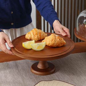 Plateau à gâteau rond haut en bambou avec couvercle en verre, présentoir à <span class=keywords><strong>pâtisserie</strong></span>, présentoir commercial, plateau de présentation de desserts de haute valeur - Product Image 1