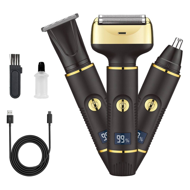 Waterproof 3-in-1 Men's Grooming Kit Nose Trimmer Electric Razor & Shaver USB Rechargeable Triple Blade LCD Display