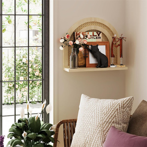 Wooden Wall <b>Shelf</b> Bohemian Style Rattan Arch Design Natural Color Wall Mounted Storage <b>Rack</b> For Living Room Bedroom Display - Product Image 3