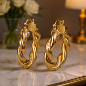 Pendientes de Aro Dorados E4425, Diseño Clásico Trenzado, Unisex, para Uso Diario, Joyería Fina - Product Image 2