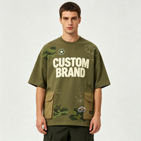 T-shirt pour homme en tricot vert olive à col rond, imprimé graphique camouflage, coupe ample, manches courtes, poche cargo, logo personnalisé, streetwear