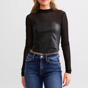 Top Corset de Cuero Sintético PU 2025 para Mujer, Sexy, Manga Larga, con Malla y Parches, Efecto Adelgazante - Product Image 1