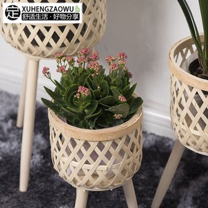 Nordic Rattan Flower <b>Pots</b> Wooden Stand Indoor Planters Manual Weaving Home Decor Minimalist Style - Product Image 2