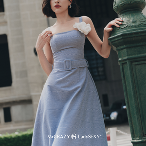 Beautiful flower strip Parisian Bloom <b>Dress</b> in light blue for elegant luxury vacation - Product Image 1