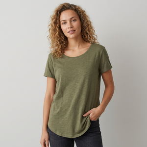 Camiseta de Cuello Redondo Verde Oliva para Mujer, Manga Corta, Corte Holgado, Tejido Jersey Informal, 100% Algodón, Transpirable, para Todas las Temporadas - Product Image 1