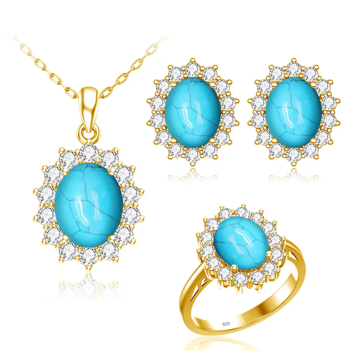 Set Perhiasan Pengantin Turquoise, Set Perhiasan Pengantin 18K Lapis Emas Perak 925 Batu Permata Besar Putri Diana Gaya Cincin Anting-Anting Liontin Set Perhiasan